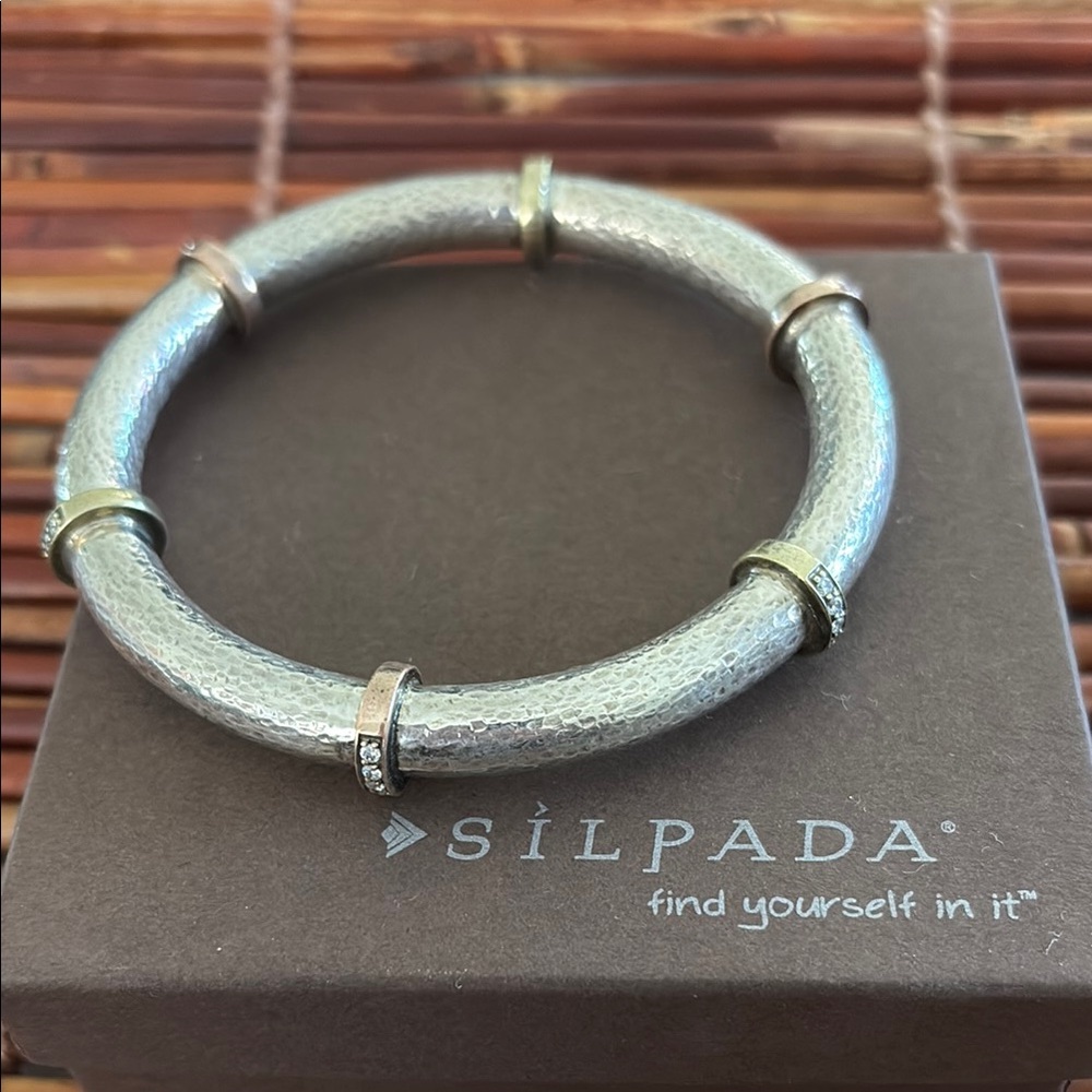 Silpada Textured Sterling Silver Bracelet with Gold Accents Cubic Zirconia